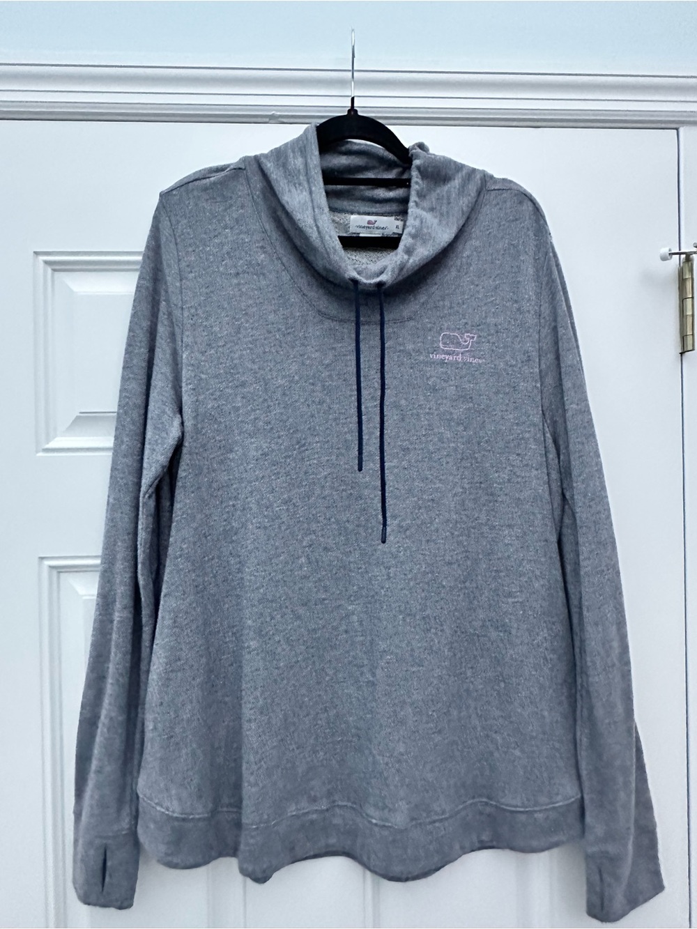 Vineyard Vines Heather Gray Cowl Neck Pullover with Navy Drawcord